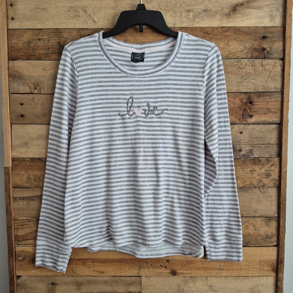 Laura Ashley LOVE Gray and White Striped Pajama Top